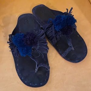 Navy Blue Figue Scaramouche Suese PomPom Sandals, size 7